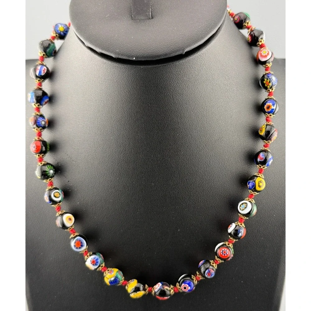 Vintage Venetian Millefiori Necklace Glass Beads Hand Knotted  Barrel Clasp 17